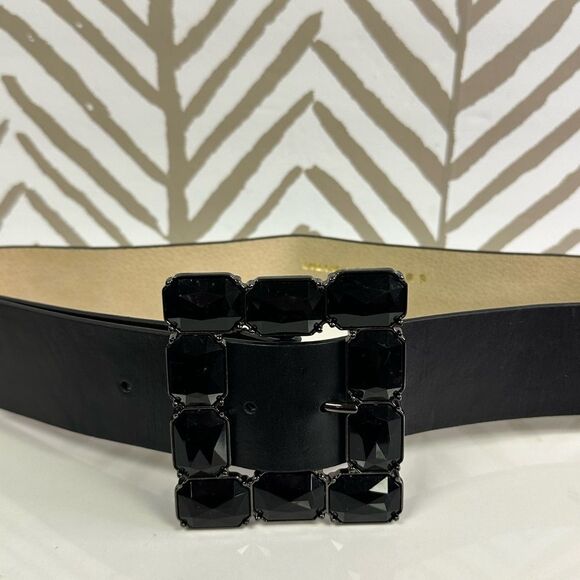 Suzanne Somers Black Big Rhinestone Buckle Genuine Leather Belt Size M - Picture 4 of 5